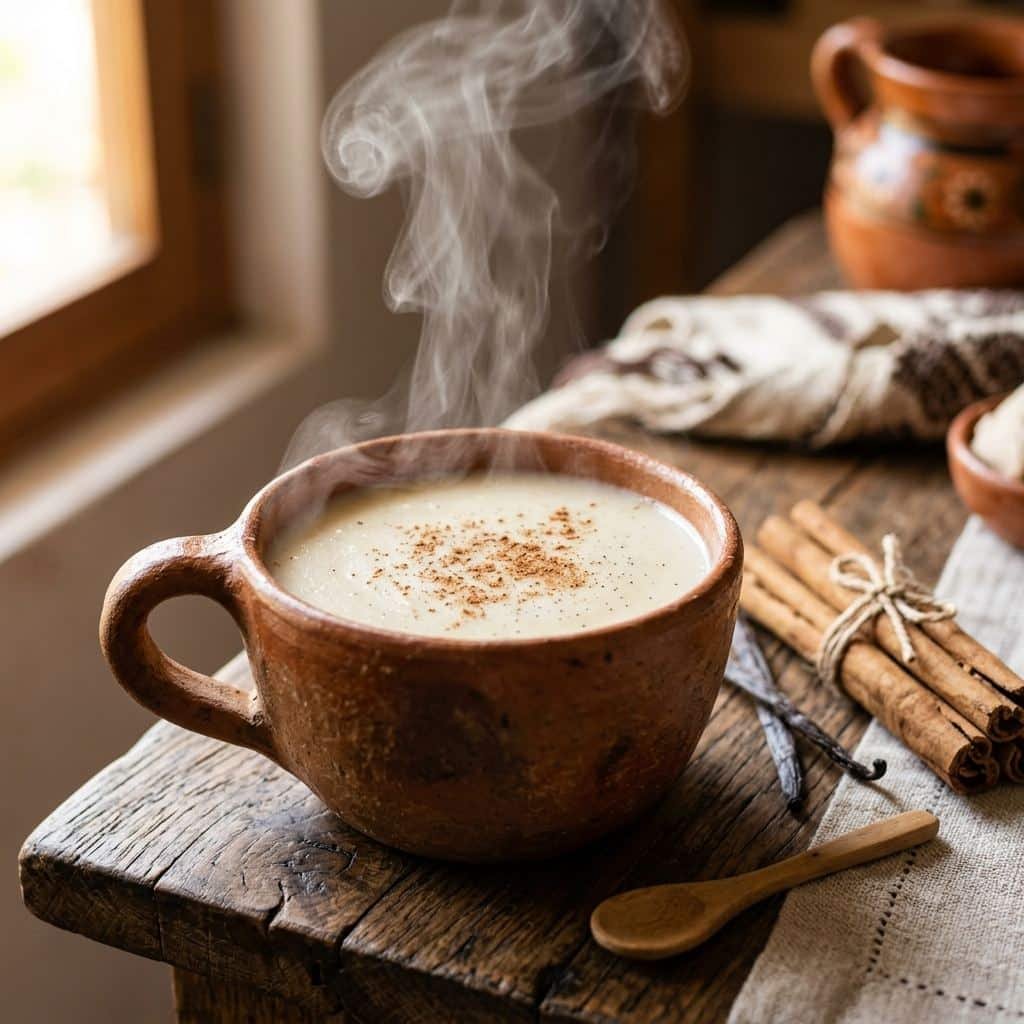 Atole de vainilla mexicano en taza de barro con canela