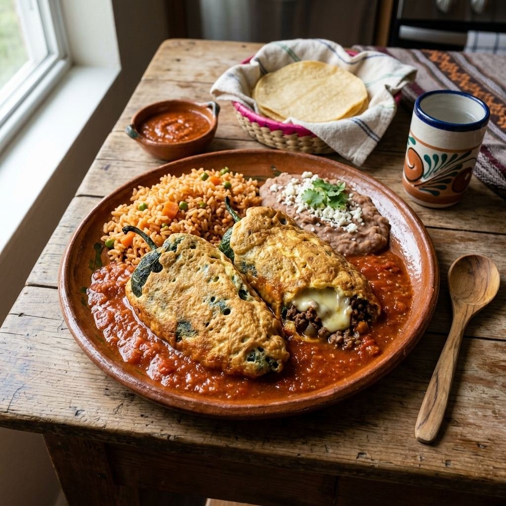 Chiles rellenos mexicanos con capeado de huevo en salsa de jitomate