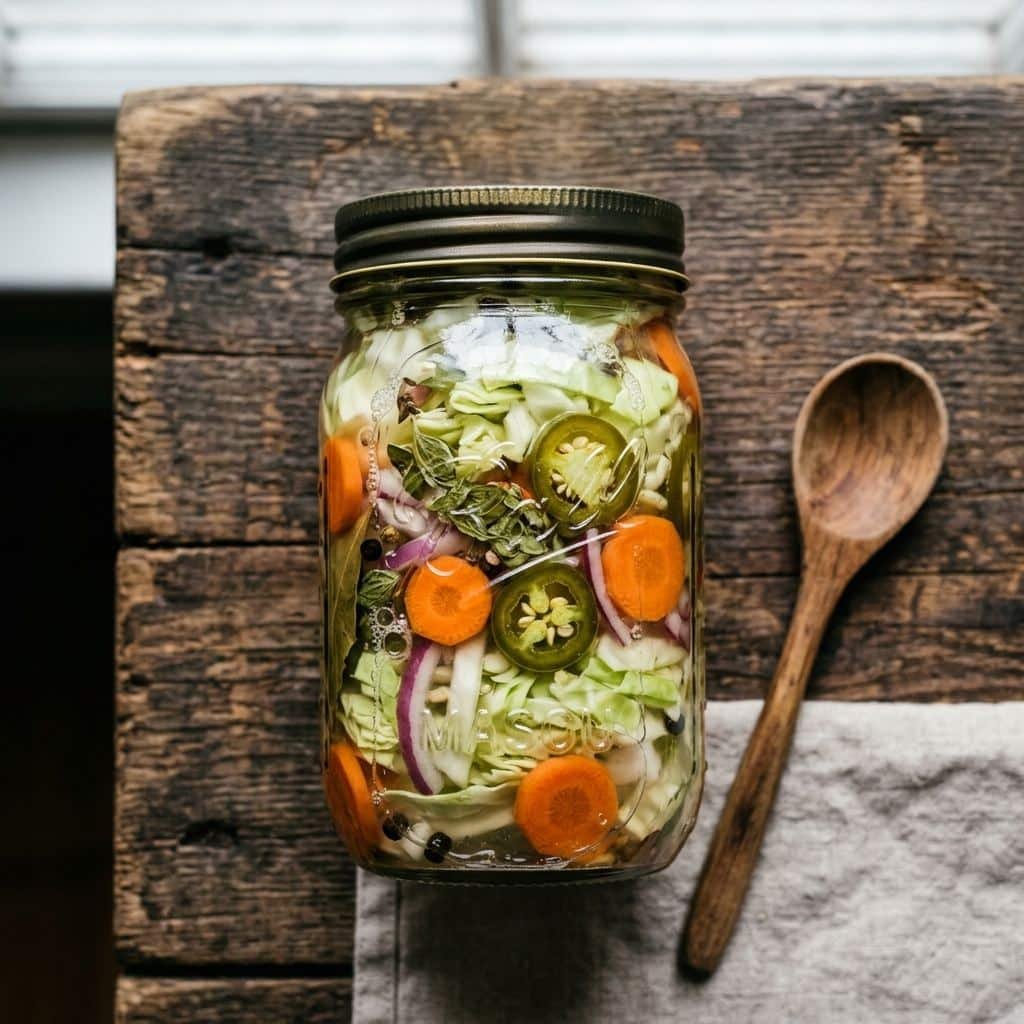 Encurtido hondureño en frasco de vidrio con repollo, zanahoria y jalapeño en vinagre