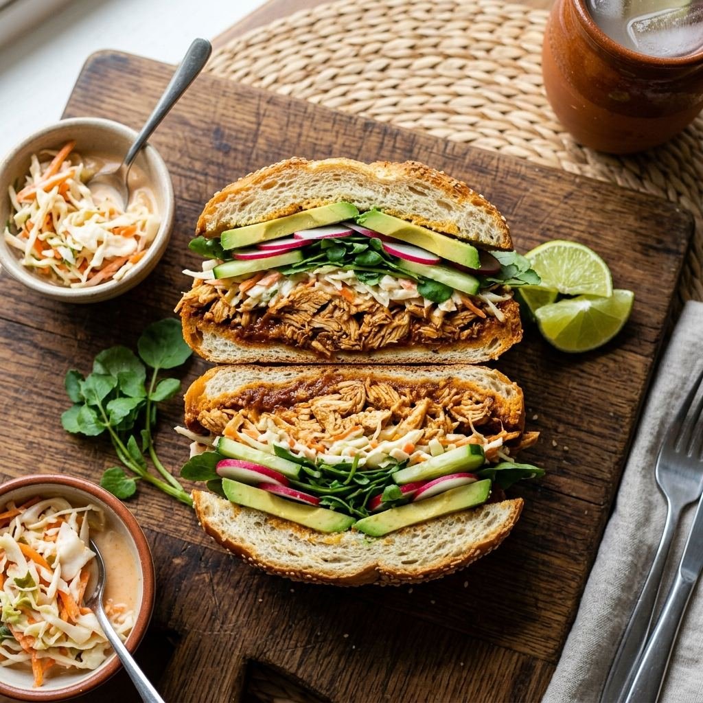 Pan con pollo salvadoreño auténtico con recaudo, repollo cremoso, berro y vegetales frescos en pan francés