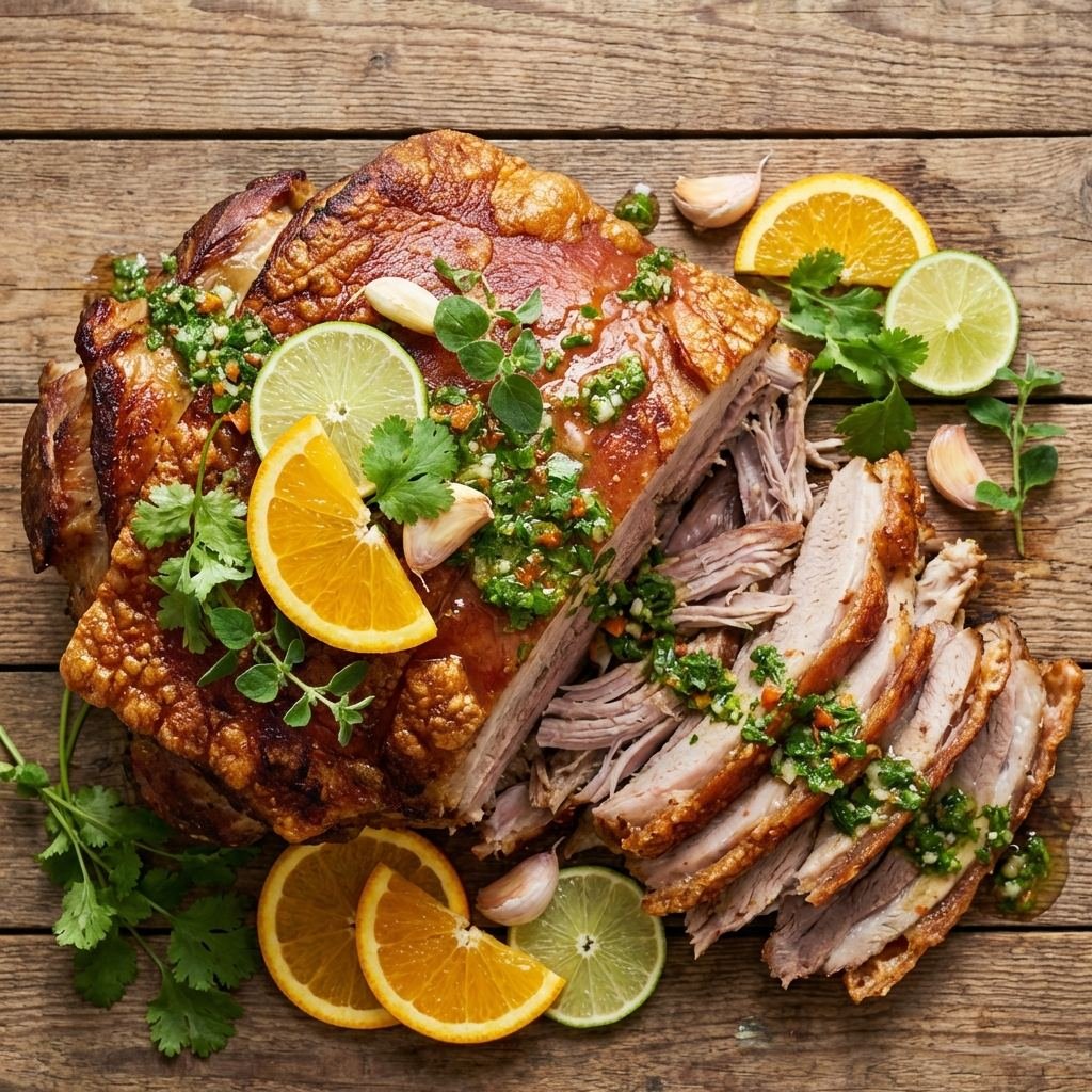 Puerco asado cubano marinado en mojo criollo con piel crujiente dorada