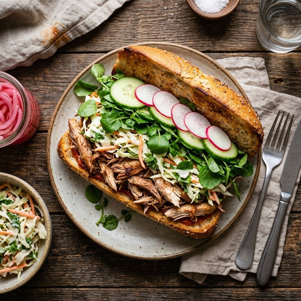 Sándwich de pollo salvadoreño rápido con pollo rostizado, repollo cremoso y vegetales frescos
