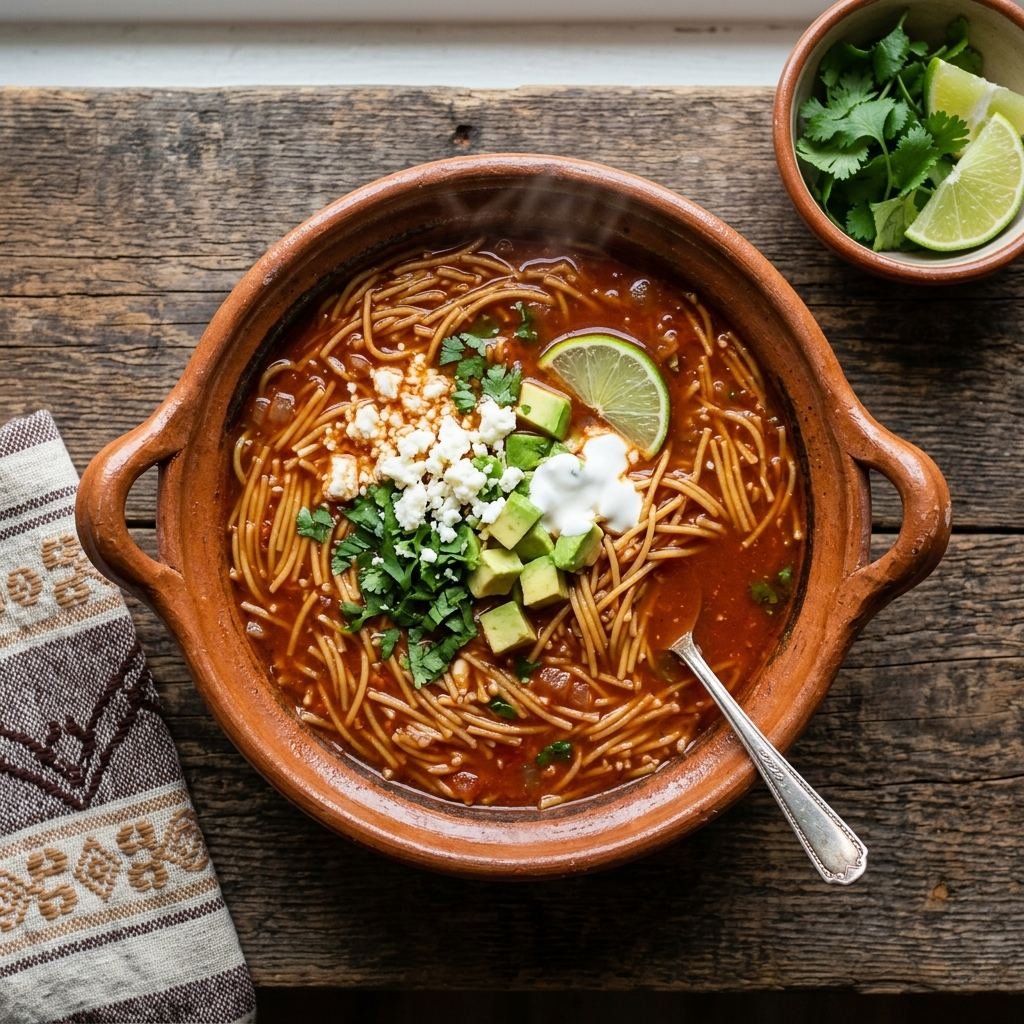 Sopa de fideos mexicana con fideos tostados en salsa de tomate