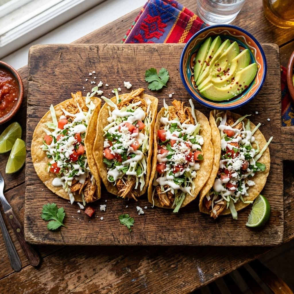 Tacos hondureños auténticos con tortilla frita, pollo guisado, repollo, crema y queso seco
