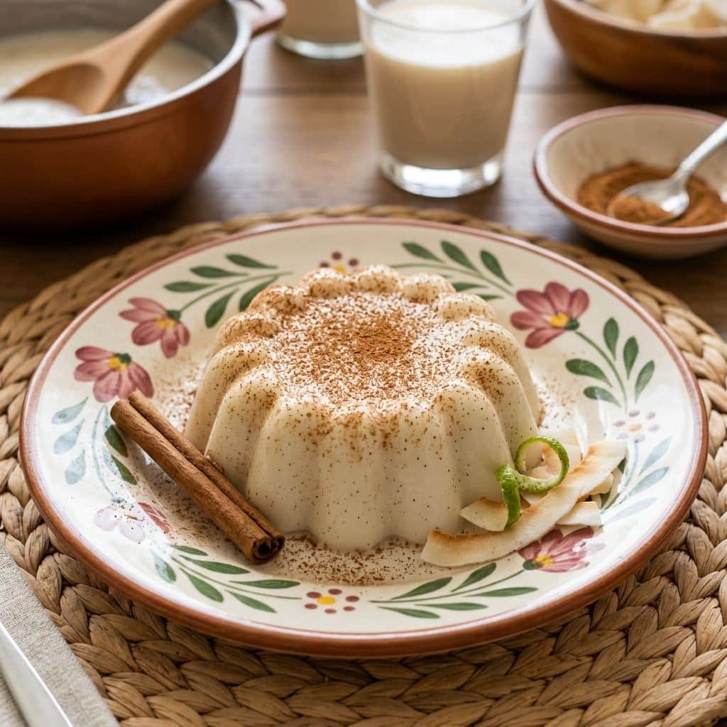 Tembleque de coco puertorriqueño espolvoreado con canela en polvo
