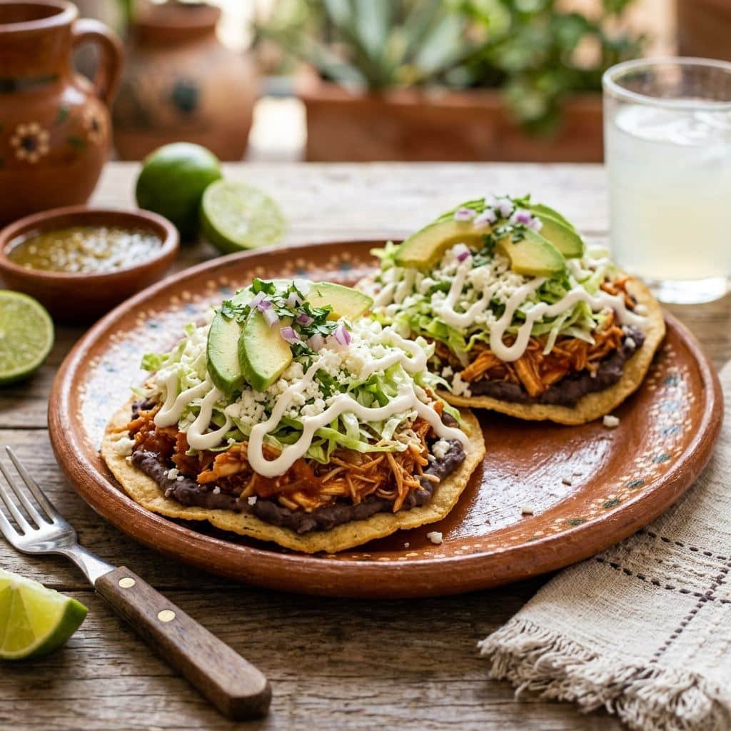 Tostadas de tinga de pollo con frijoles refritos, lechuga, queso fresco y crema