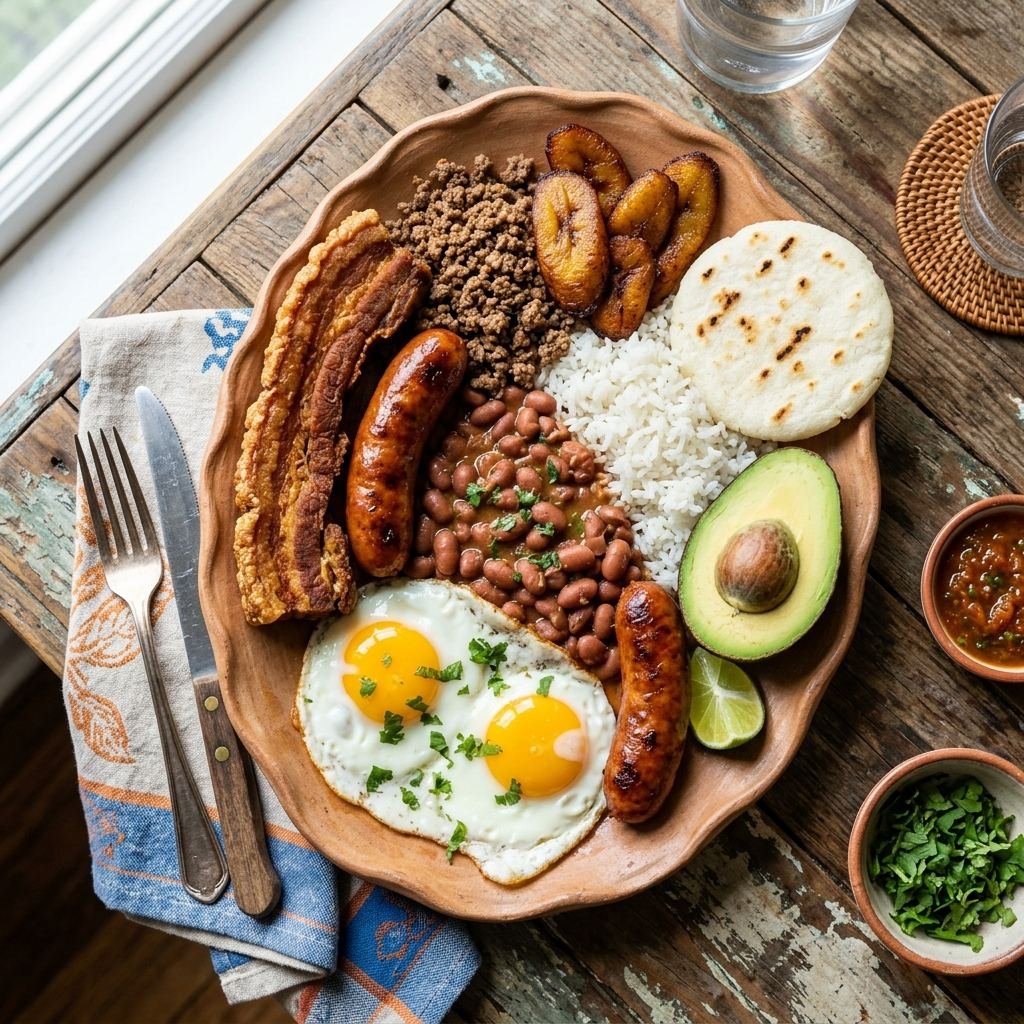 Bandeja paisa colombiana con frijoles, arroz, carne molida, chicharrón, chorizo, huevo frito, tajadas y aguacate