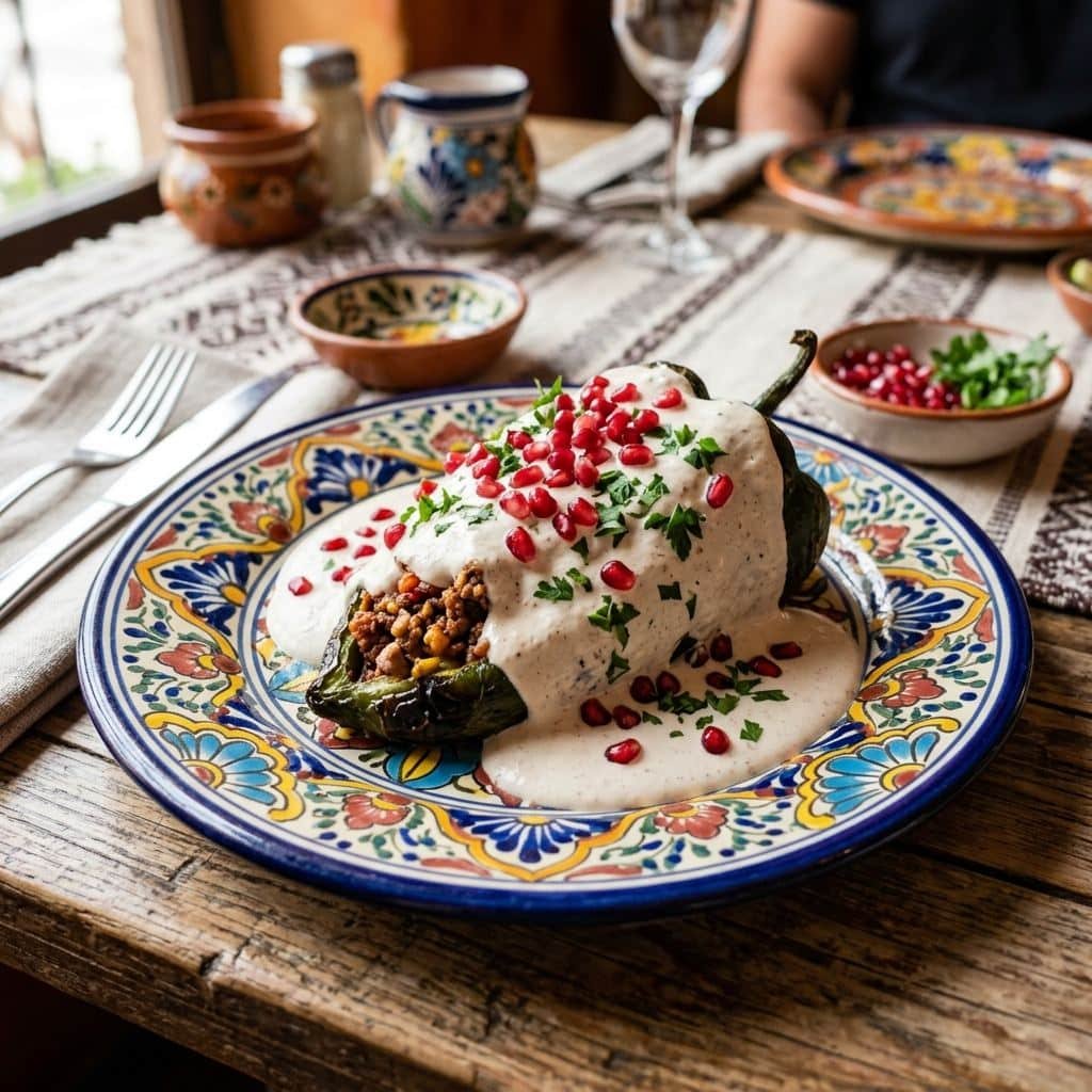 Chiles en nogada tradicionales con salsa de nuez, granada y perejil mostrando los colores de la bandera mexicana