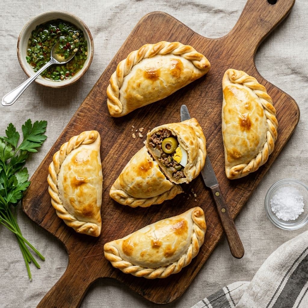 Empanadas argentinas de carne horneadas con repulgue dorado y relleno de carne cortada a cuchillo