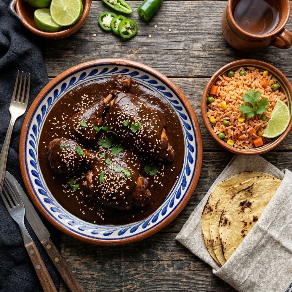 Mole poblano auténtico con pollo bañado en salsa oscura decorado con ajonjolí