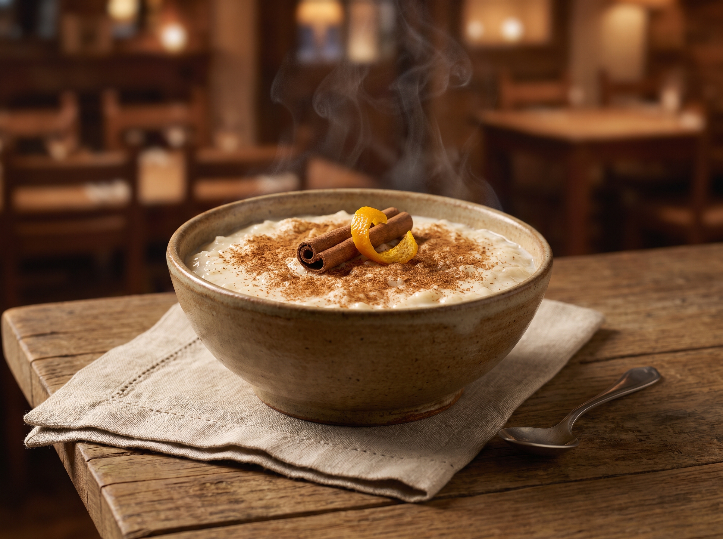 Tazón de arroz con leche cremoso espolvoreado con canela, con una rama de canela y cáscara de naranja, sobre una mesa de madera rústica