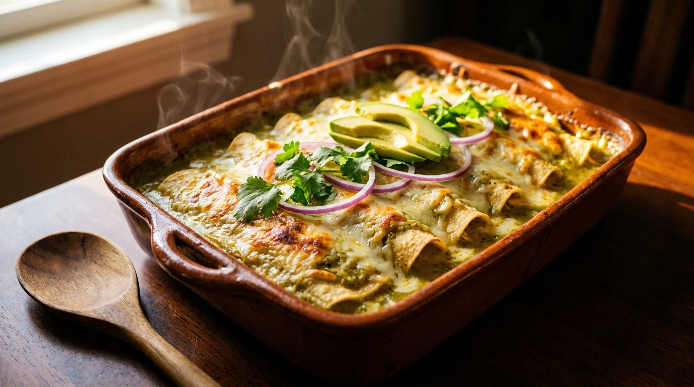 Refractario con enchiladas suizas recién salidas del horno, cubiertas de salsa verde cremosa de tomatillo y queso manchego derretido y dorado, decoradas con cilantro fresco, aros de cebolla morada y rebanadas de aguacate