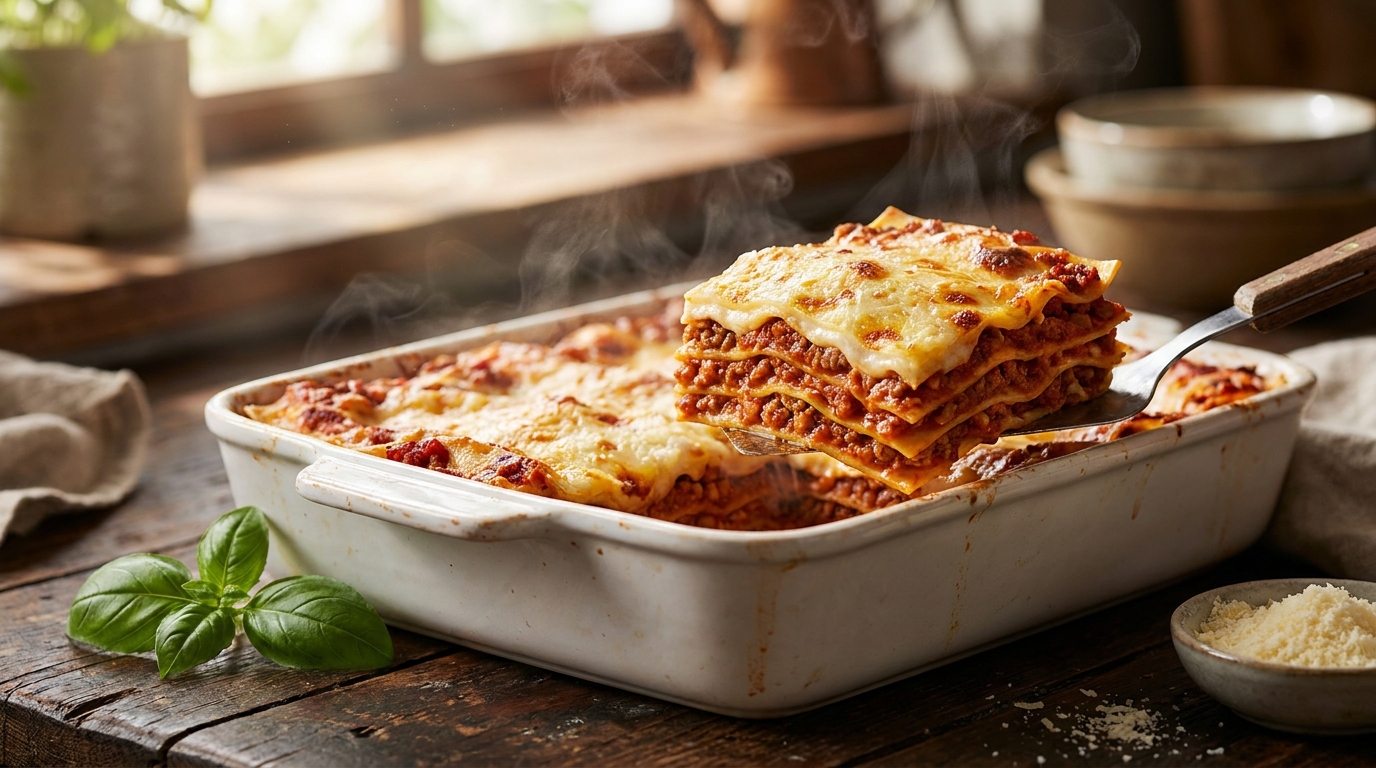 Lasaña de carne casera recién horneada con capas de pasta, salsa boloñesa y bechamel, gratinada con queso mozzarella dorado, una porción servida mostrando las capas