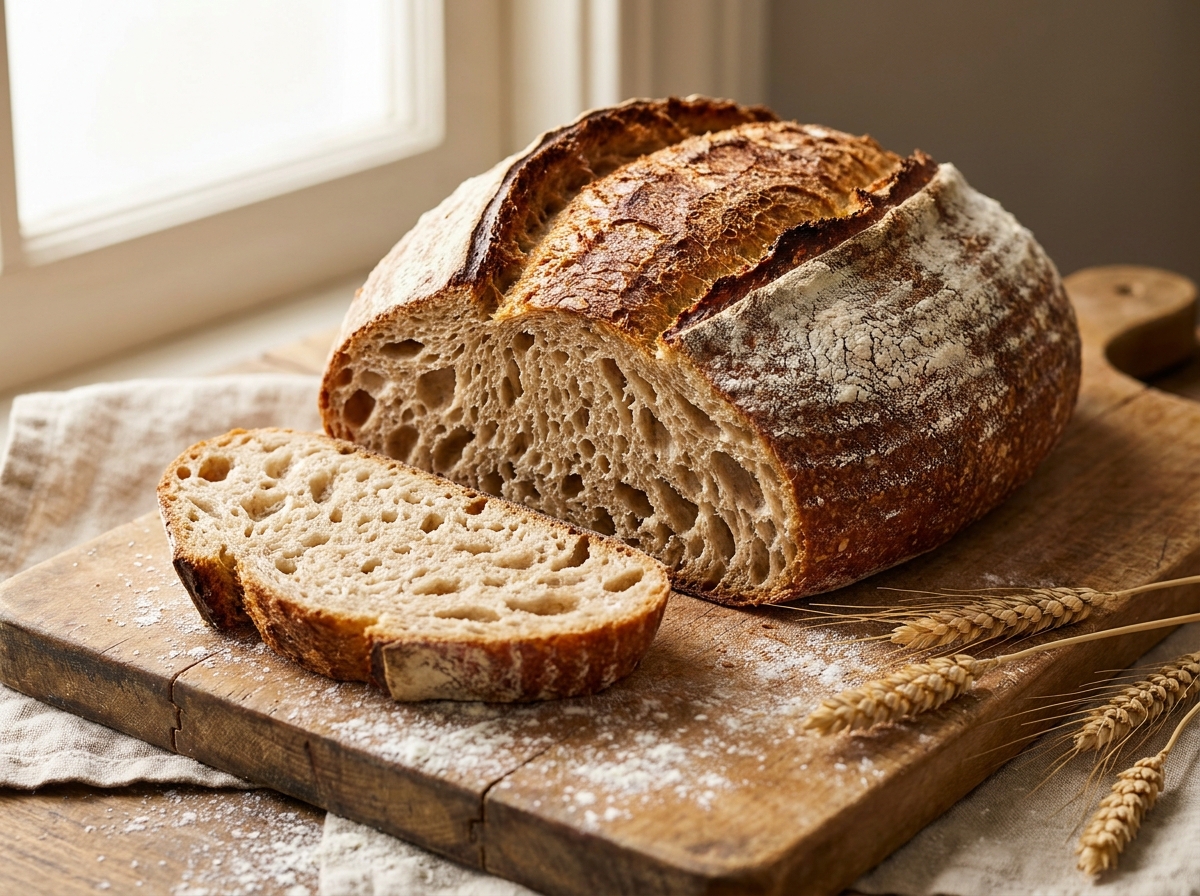 Hogaza de pan de masa madre con corteza dorada y crujiente, cortada para mostrar la miga aireada, sobre una tabla de madera con harina espolvoreada